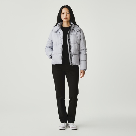 Silver Guess Logo Quilted Puffer Jacket - Picture 1 of 9